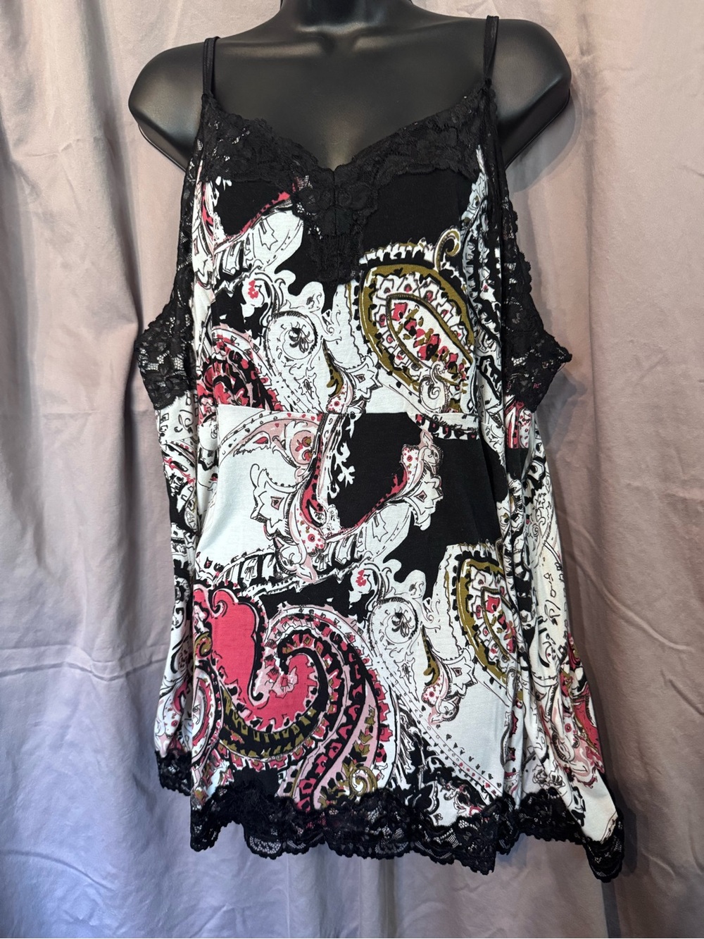 Lane Bryant Women's Black Multi Paisley Lace-Trim Cami Top 22/24
